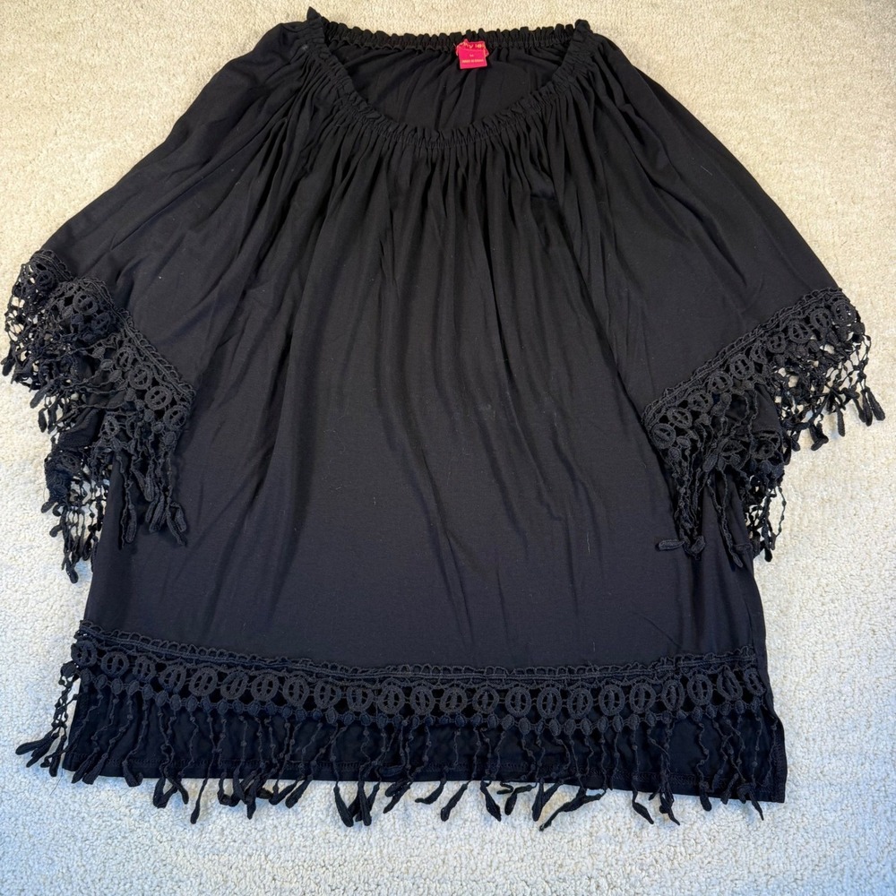 Sunny Leigh Black Crochet Fringe Off‎ Shoulder Tunic Top Blouse Medium